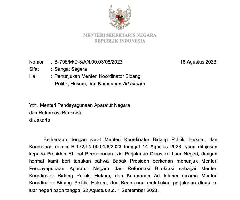 surat penunjukan Menteri PANRB
