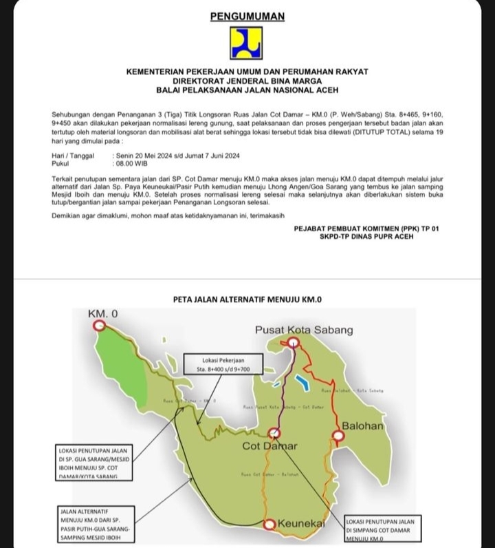 Tiga Titik Ruas Jalan Cot Damar KM 0 Sabang Longsor, Pekerjaan Normalisasi 19 Hari 1 pengumuman-sabang-km-0-longsor